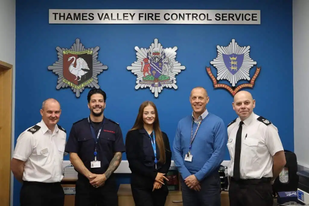 Control Room staff alongside Jim Powell, Area Manager and Simon Tuffley, Assistant Chief Fire Officer of Buckinghamshire Fire and Rescue Service