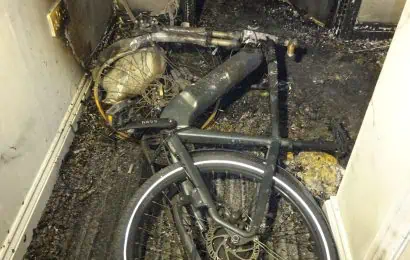 Aftermath of a fire caused by an e-bike