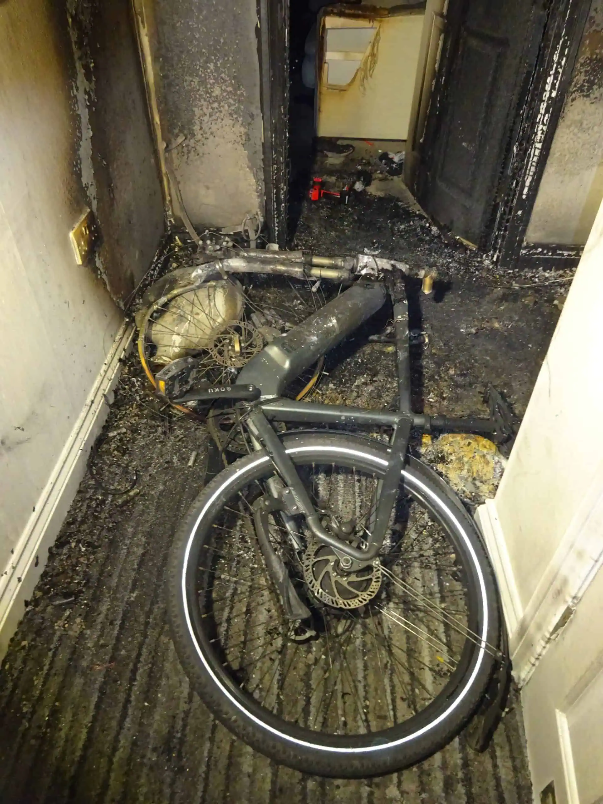 Aftermath of a fire caused by an e-bike